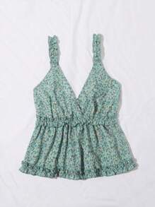 SHEIN Holidaya 大碼碎花褶邊荷葉邊下擺寬肩帶上衣 - 綠色 - 查看 3