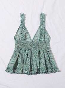 SHEIN Holidaya 大碼碎花褶邊荷葉邊下擺寬肩帶上衣 - 綠色 - 查看 5