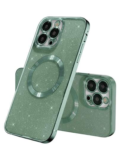 Hadaasi Green Electroplated Magnetic Adsorption Rhinestone Paper Brushed Space Case With Built-In Lens Protector, Ultra-Thin Phone Case Compatible With Apple 17 Pro/17 Pro Max/17 Air/17/16 Pro/16 Pro Max/16 Plus/16/15 Pro/15 Pro Max/15 Plus/15/14 Pro/14 Pro Max/14 Plus/14/13 Pro/13 Pro Max/13/12 Pro/12 Pro Max/12/11 Pro Max/11/11 Pro/XS Max/XR/XS/X Waterproof Shockproof Anti-Fall Scratch Resistant