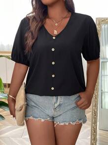 SHEIN LUNE Plus Button Front V Neck Blouse
