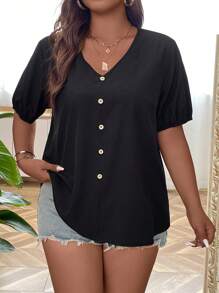 SHEIN LUNE Plus Button Front V Neck Blouse