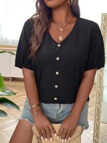 SHEIN LUNE Plus Button Front V Neck Blouse