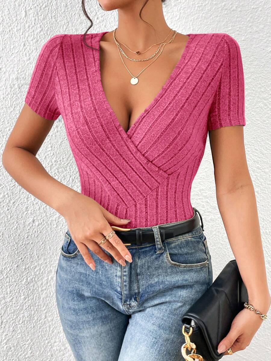 SHEIN Essnce Solid Surplice Neck Tee - Pink - View 1