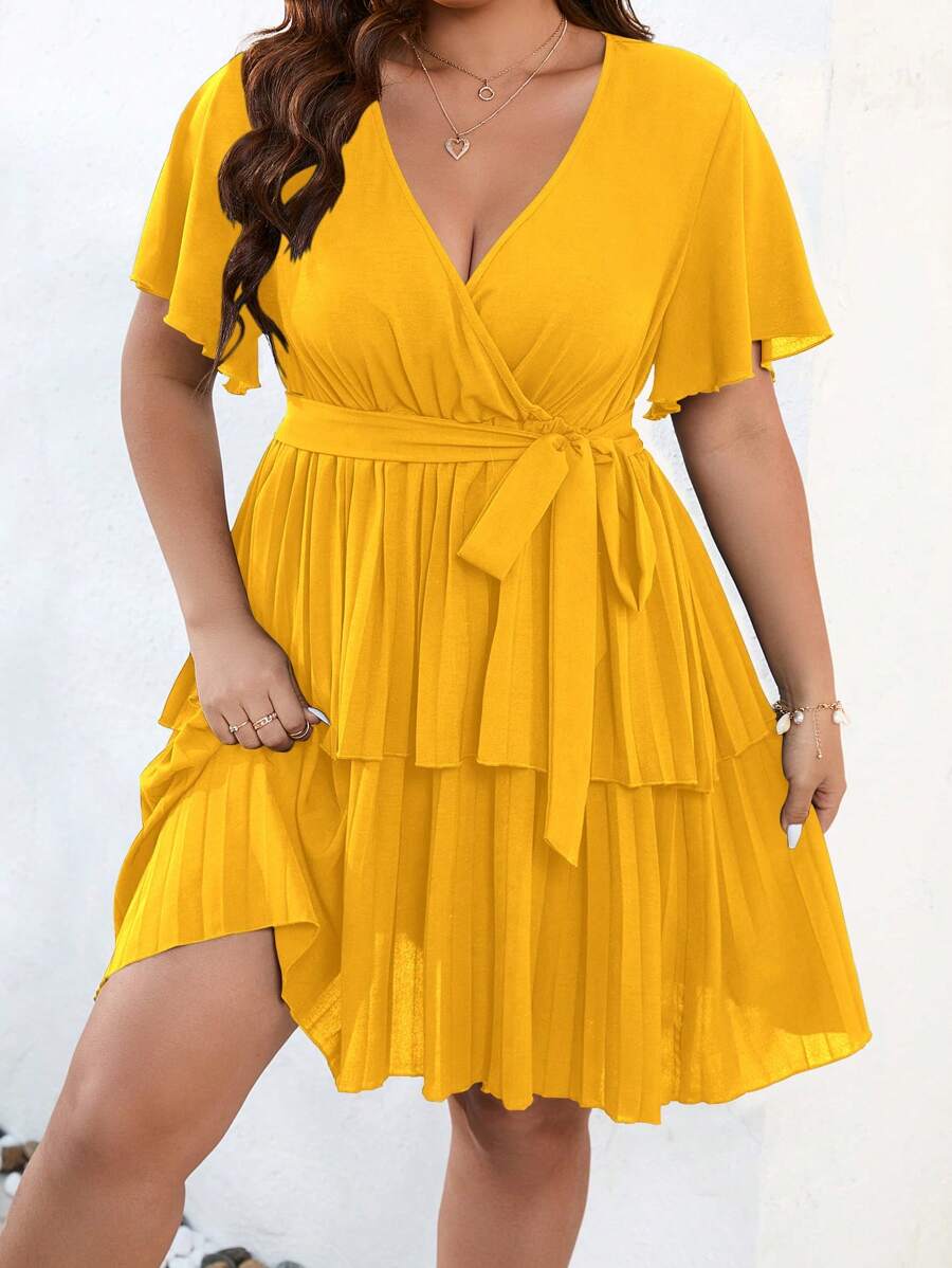 SHEIN Holidaya Plus Butterfly Sleeve Two Layer Hem Belted Dress - Yellow - View 1