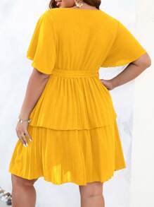 SHEIN Holidaya Plus Butterfly Sleeve Two Layer Hem Belted Dress - Yellow - View 2