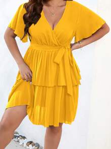 SHEIN Holidaya Plus Butterfly Sleeve Two Layer Hem Belted Dress - Yellow - View 4