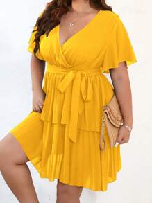SHEIN Holidaya Plus Butterfly Sleeve Two Layer Hem Belted Dress - Yellow - View 5