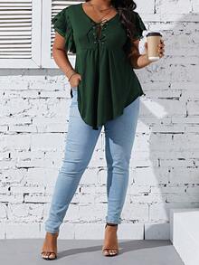 SHEIN LUNE 大碼前繫帶蝴蝶袖花邊下擺上衣 - 墨綠色 - 查看 7