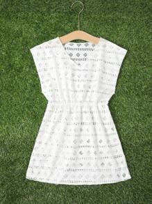Tween Flicka Trendigt: Utskurna Detaljer Cover Up Klänning - Vitt - Visa 5