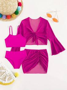 Tween Girl 4 件套纯色比基尼套装（带罩衫套装）夏季海滩 - 玫紅色 - 查看 1