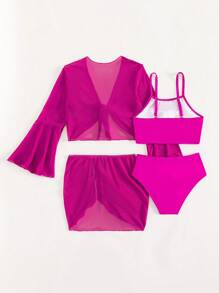 Tween Girl 4 件套纯色比基尼套装（带罩衫套装）夏季海滩 - 玫紅色 - 查看 2