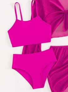Tween Girl 4 件套纯色比基尼套装（带罩衫套装）夏季海滩 - 玫紅色 - 查看 3