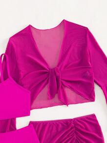 Tween Girl 4 件套纯色比基尼套装（带罩衫套装）夏季海滩 - 玫紅色 - 查看 4