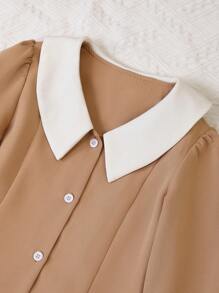 SHEIN Girls Contrast Collar Ruffle Hem Dress - Khaki - View 4