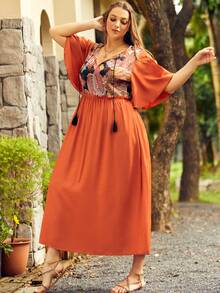 S BETRO Đầm Plus Size viền lá sen Paisley Boho - trái cam - Xem 3