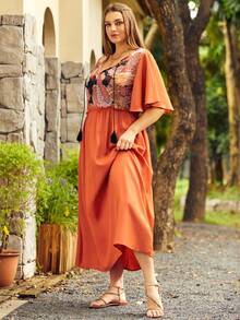 S BETRO Đầm Plus Size viền lá sen Paisley Boho - trái cam - Xem 5