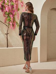 YISIKADO Contrast Sequin Bodycon Dress - Black - View 3
