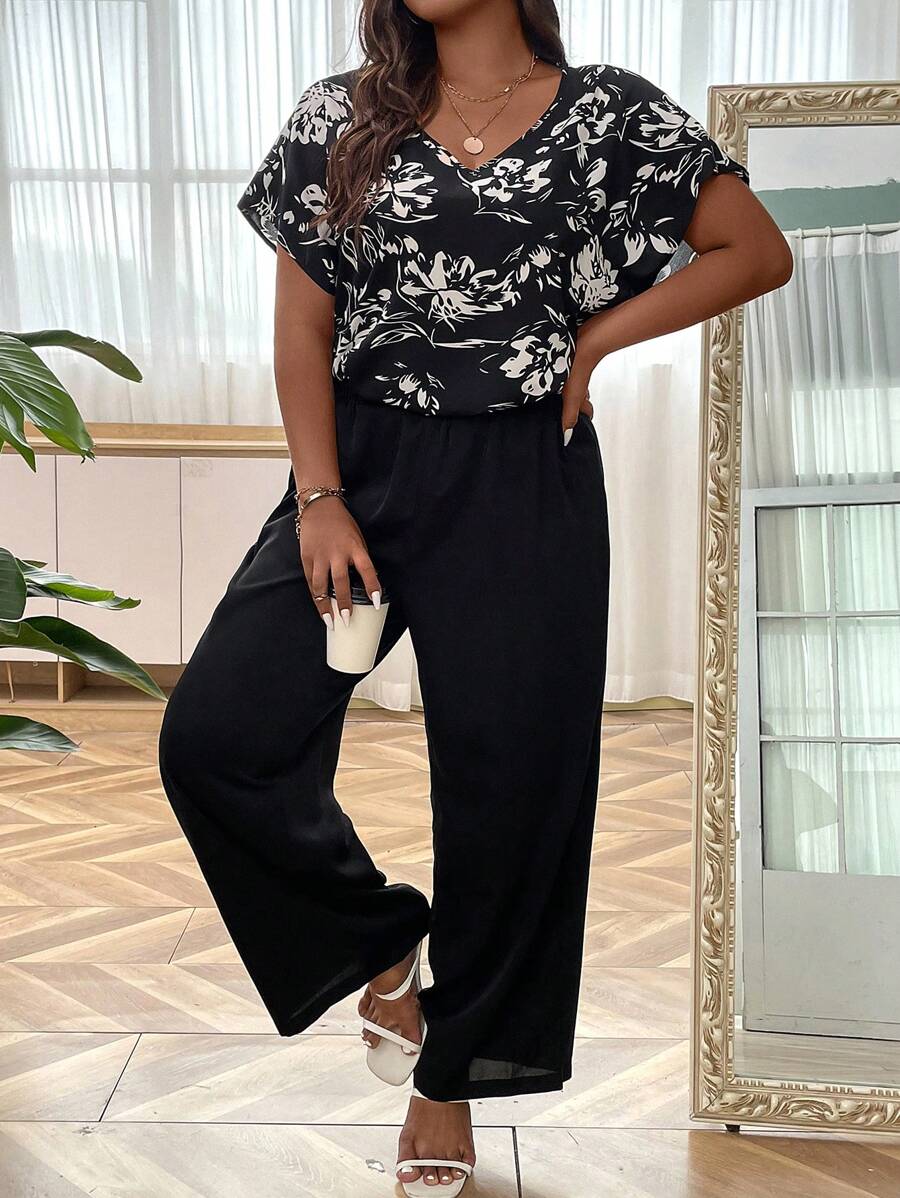 SHEIN Clasi Plus Floral Print Batwing Sleeve Top & Trousers - Black - View 1