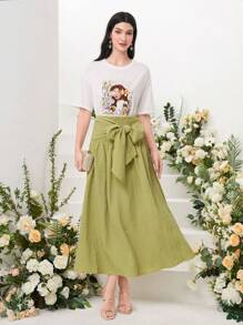 Seusyu Tie Front Solid Skirt Fall Cloth For Women - Lime Green - View 1