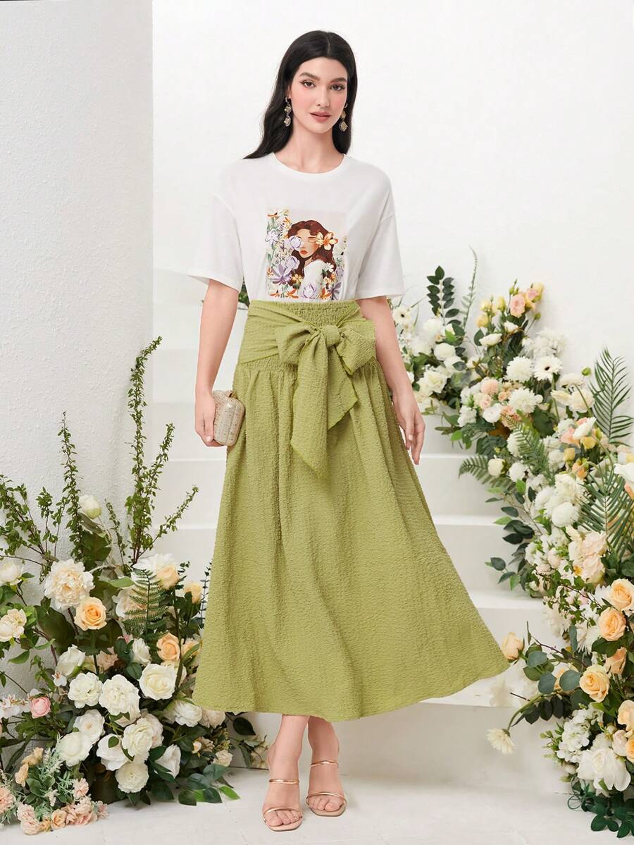 Seusyu Tie Front Solid Skirt Fall Cloth For Women - Lime Green - View 1