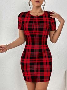 SHEIN Privé Plaid Print Bodycon Dress - Red - View 1