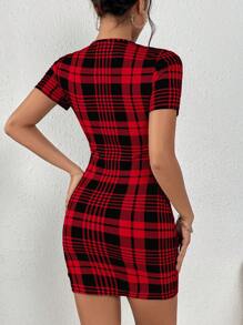 SHEIN Privé Plaid Print Bodycon Dress - Red - View 2