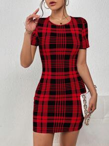 SHEIN Privé Plaid Print Bodycon Dress - Red - View 3