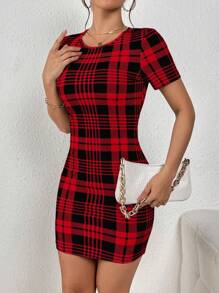 SHEIN Privé Plaid Print Bodycon Dress - Red - View 5