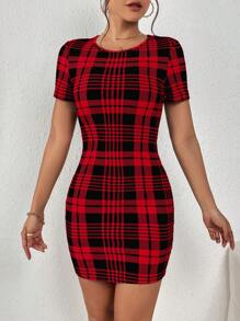 SHEIN Privé Plaid Print Bodycon Dress - Red - View 6