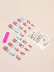 Elevate Your Style With 24pcs Baby Blue Base Metallic Butterfly Pattern Long Square Full Cover Fake Nail Press On Nails Manicure Kits - Multicolor - View 2