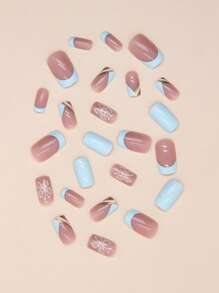 Elevate Your Style With 24pcs Baby Blue Base Metallic Butterfly Pattern Long Square Full Cover Fake Nail Press On Nails Manicure Kits - Multicolor - View 5