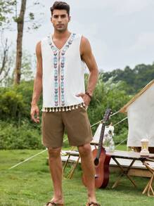 Manfinity RSRT Lỏng lẻo phù hợp Nam In Hình học Không tay Áo sơ mi Với Trang chí tua cờ - trắng - Xem 3