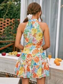 SHEIN VCAY Floral Print Belted Halter Dress - Multicolor - View 2