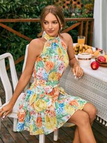 SHEIN VCAY Floral Print Belted Halter Dress - Multicolor - View 4