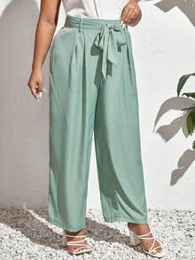 SHEIN Frenchy 大碼素色腰帶直筒褲 - 薄荷綠 - 查看 4