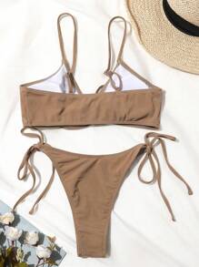 Ribbed Bikini Set Tie Front Bra & Thong Bikini 2 Pieces Bathing Suit, For Summer Beach Vacation - Mocha Brown - View 2
