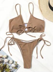 Ribbed Bikini Set Tie Front Bra & Thong Bikini 2 Pieces Bathing Suit, For Summer Beach Vacation - Mocha Brown - View 3