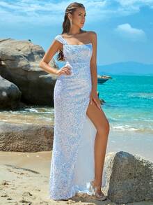 One Shoulder Split Thigh Sequin Formal Dress - White - View 4