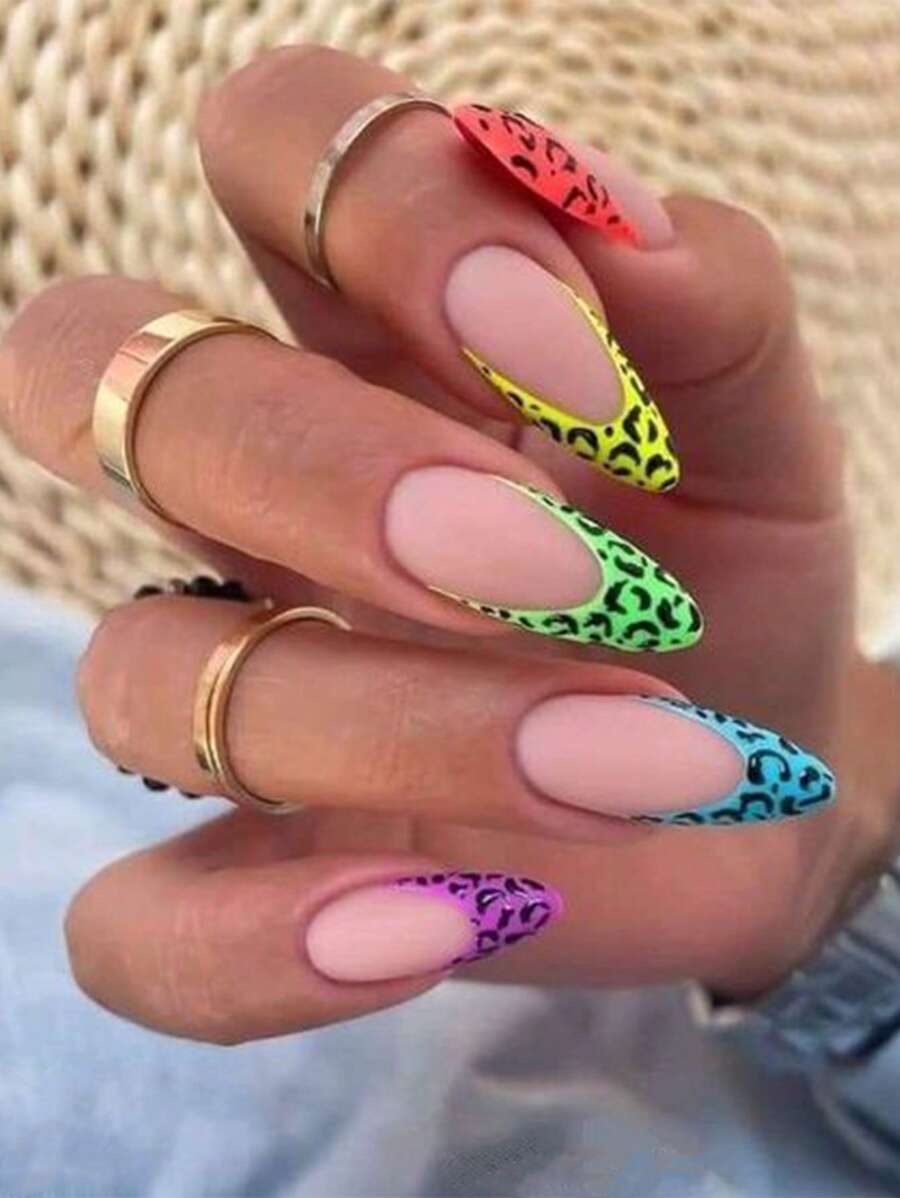 Nâng cấp vẻ ngoài của bạn với 24 chiếc Cheetah Neon Pháp dài hạnh nhân da báo Full Cover Ấn vào bộ móng tay giả - Nhiều màu - Xem 1