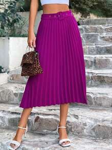 SHEIN Privé Solid Belted Pleated Skirt - Purple - View 1