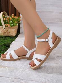 Xăng đan đế bằng Twist Decor cho nữ, Xăng đan quai ngang mắt cá màu trắng trang nhã - trắng - Xem 2