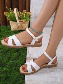 Xăng đan đế bằng Twist Decor cho nữ, Xăng đan quai ngang mắt cá màu trắng trang nhã - trắng - Xem 5