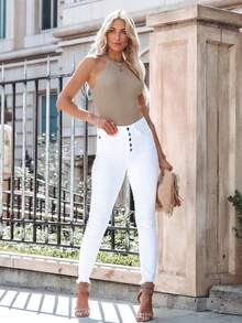 Solid Haler neck Ribbed knit Top