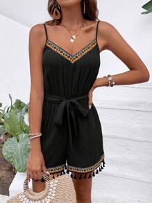 Breezaya Contrast Geo Tape Tassel Trim Belted Cami Romper - Black - View 4