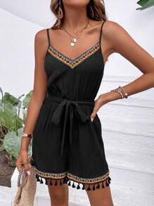 Breezaya Contrast Geo Tape Tassel Trim Belted Cami Romper - Black - View 5