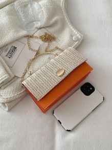 Mini Straw Bag Random Color Stitch Detail Top Handle Flap Chain, Eye-Catching Beach Bag Summer, Summer Straw Beach Bag For Women, Fashion Summer Vacation Bag, Beach Essentials Women Bags For Vacation & Holiday, Newest Holiday Bag, Hottest Beach Bags - Orange - View 5