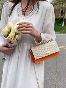 Mini Straw Bag Random Color Stitch Detail Top Handle Flap Chain, Eye-Catching Beach Bag Summer, Summer Straw Beach Bag For Women, Fashion Summer Vacation Bag, Beach Essentials Women Bags For Vacation & Holiday, Newest Holiday Bag, Hottest Beach Bags - Orange - View 8