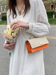 Mini Straw Bag Random Color Stitch Detail Top Handle Flap Chain, Eye-Catching Beach Bag Summer, Summer Straw Beach Bag For Women, Fashion Summer Vacation Bag, Beach Essentials Women Bags For Vacation & Holiday, Newest Holiday Bag, Hottest Beach Bags - Orange - View 9