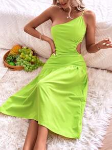 SHEIN VCAY Asymmetrical Shoulder Cut Out Waist Dress - Lime Green - View 3