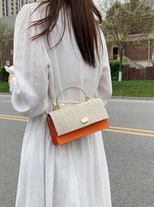 Mini Straw Bag Random Color Stitch Detail Top Handle Flap Chain, Eye-Catching Beach Bag Summer, Summer Straw Beach Bag For Women, Fashion Summer Vacation Bag, Beach Essentials Women Bags For Vacation & Holiday, Newest Holiday Bag, Hottest Beach Bags - Orange - View 10